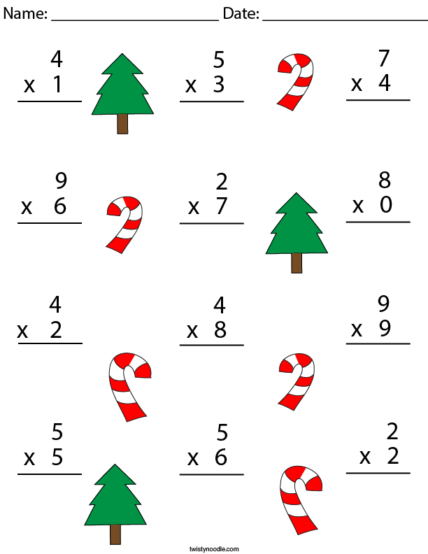 Christmas Multiplication Practice 1 Digit Math Worksheet Twisty Noodle